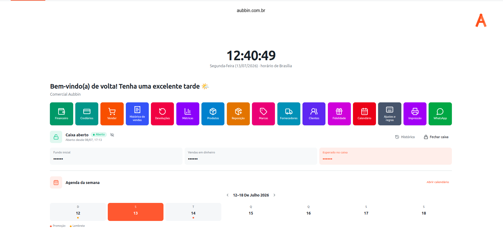 Painel do módulo PDV da aubbin